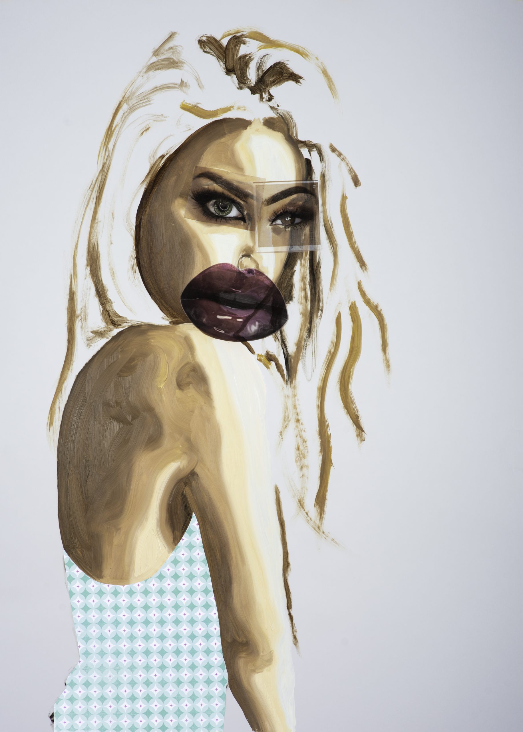 Boohoo, 2019, oil and collage on translucent paper, 84 x 59cm`